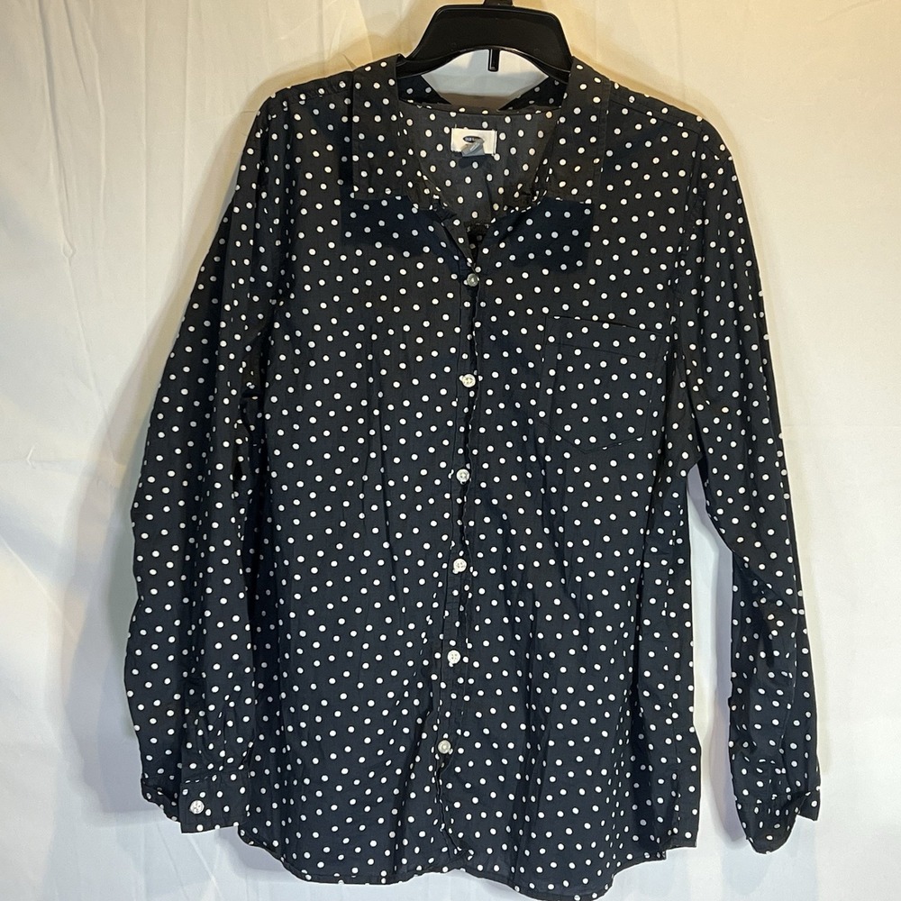 Old Navy Womens XXL‎ Black White Polka Dot Long Sleeve Slim Fit Button Down